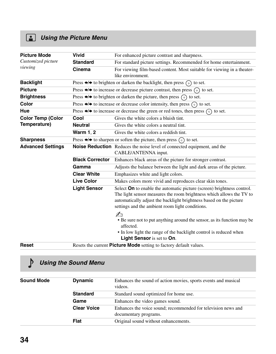 Using the picture menu using the sound menu | Sony KDL-37N4000 User Manual | Page 34 / 48