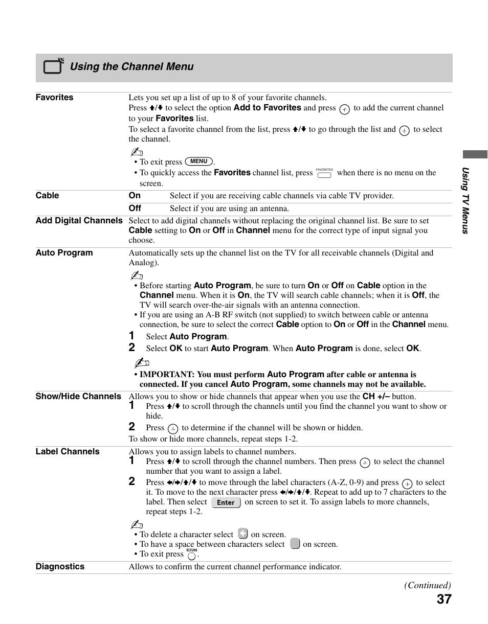 Using the channel menu | Sony KDL-37N4000 User Manual | Page 37 / 48