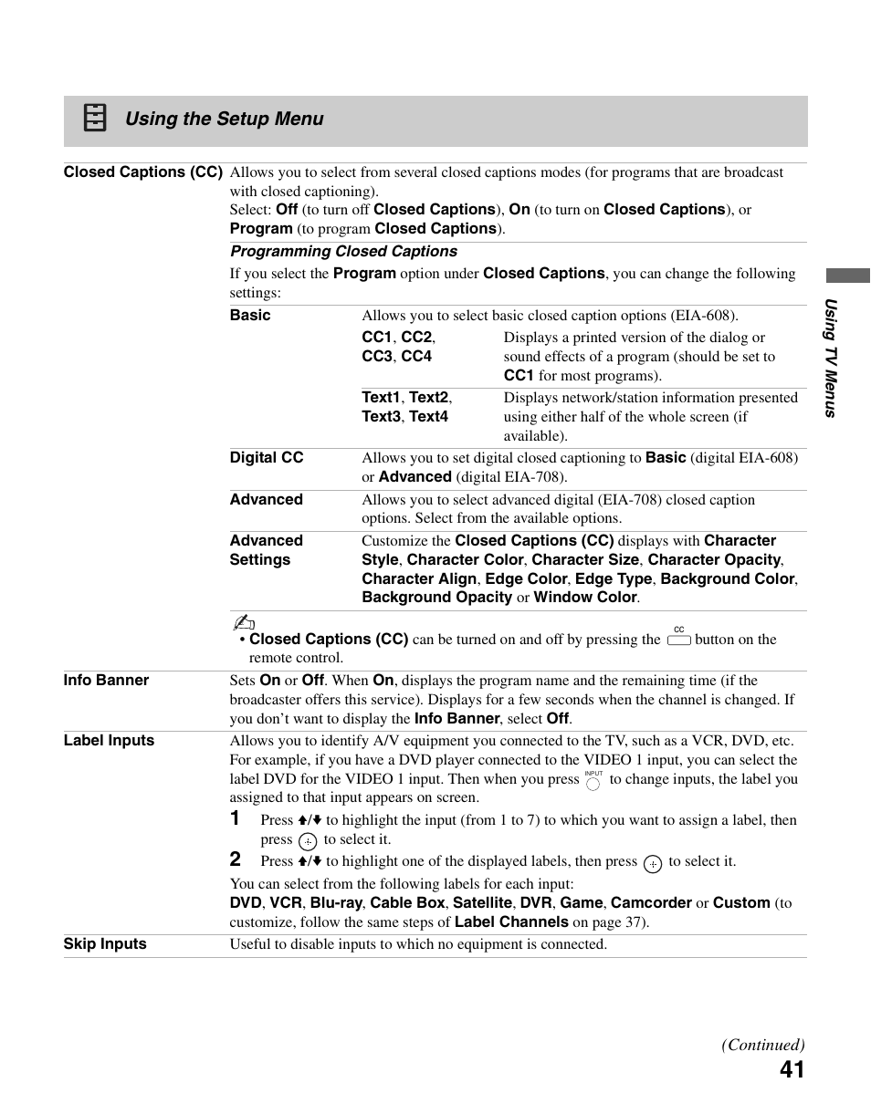 Using the setup menu | Sony KDL-37N4000 User Manual | Page 41 / 48