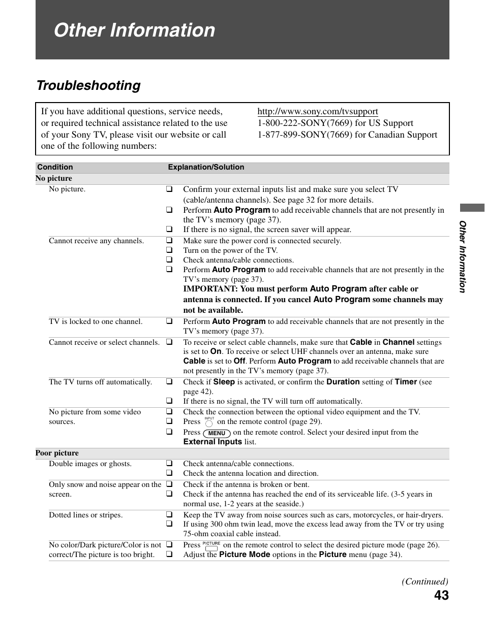 Other information, Troubleshooting | Sony KDL-37N4000 User Manual | Page 43 / 48