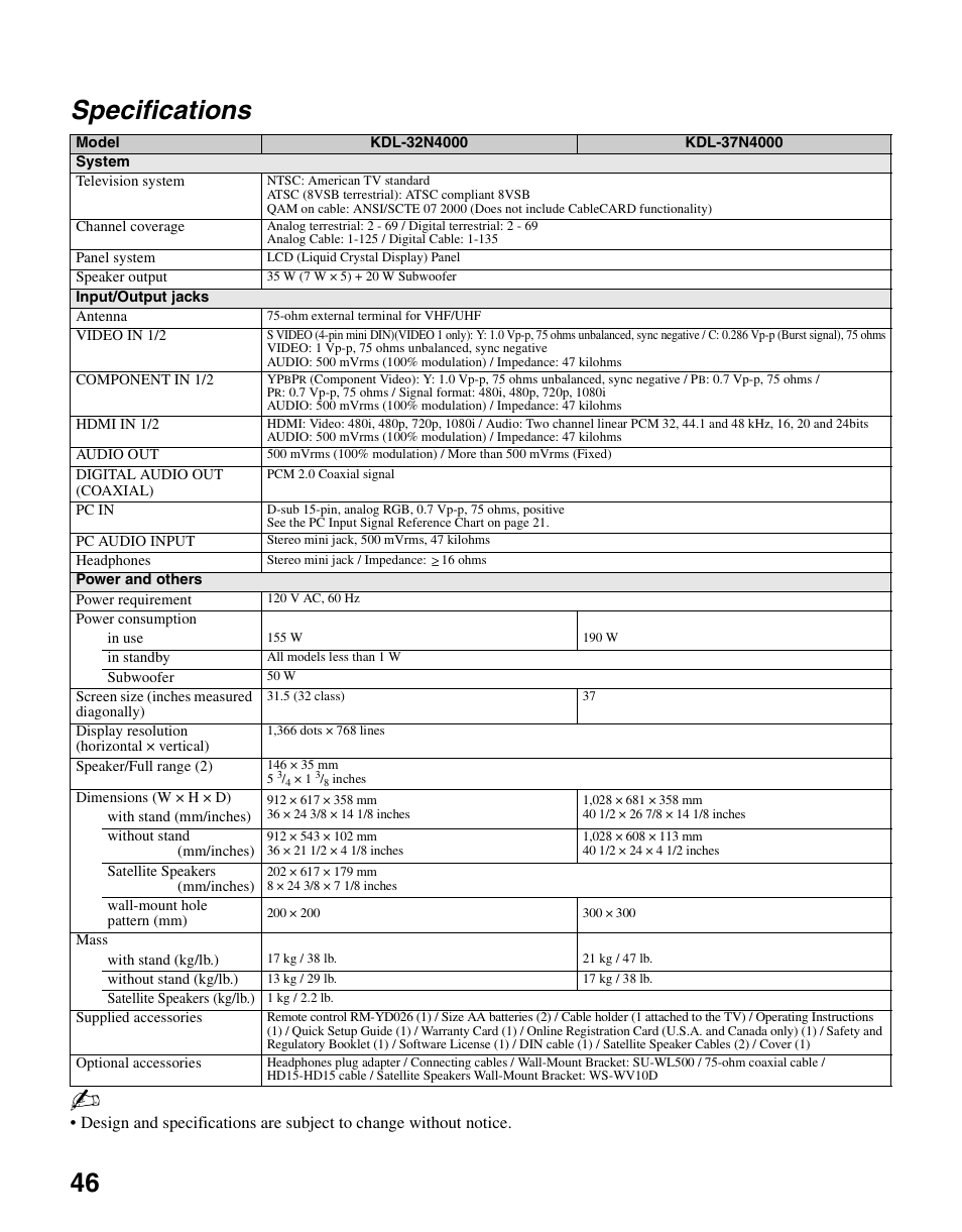 Specifications, 46 specifications | Sony KDL-37N4000 User Manual | Page 46 / 48