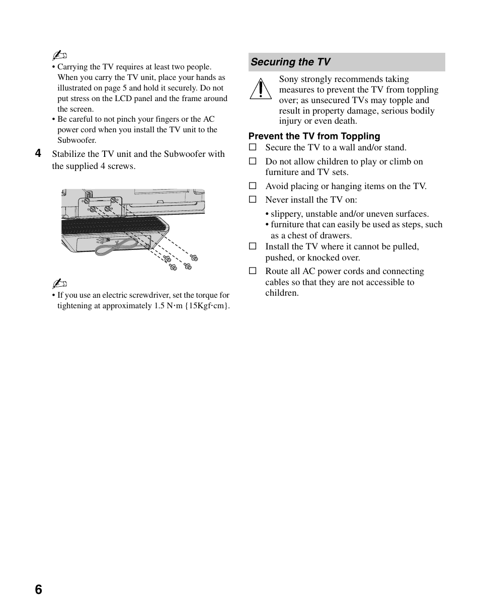 Securing the tv | Sony KDL-37N4000 User Manual | Page 6 / 48