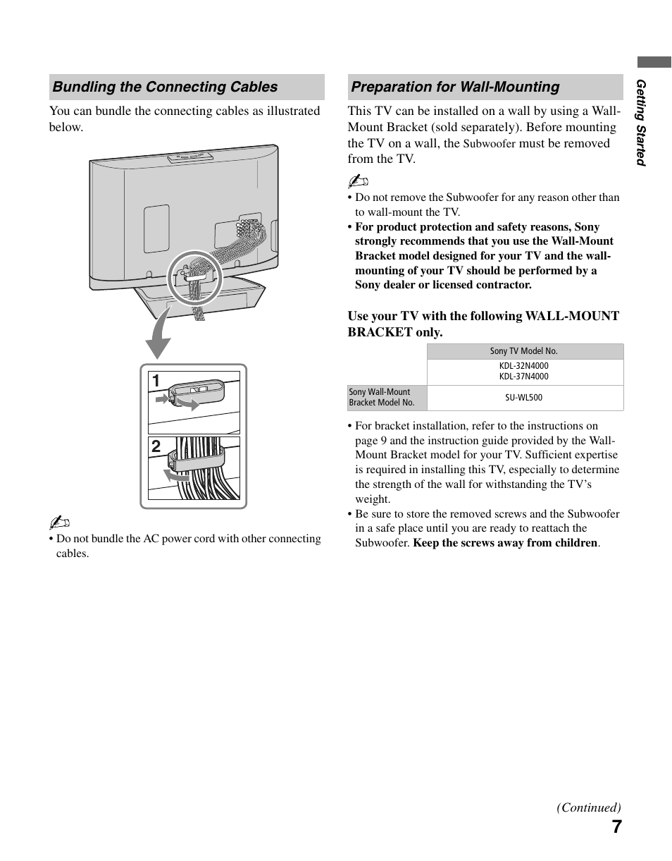 Bundling the connecting cables, Preparation for wall-mounting | Sony KDL-37N4000 User Manual | Page 7 / 48