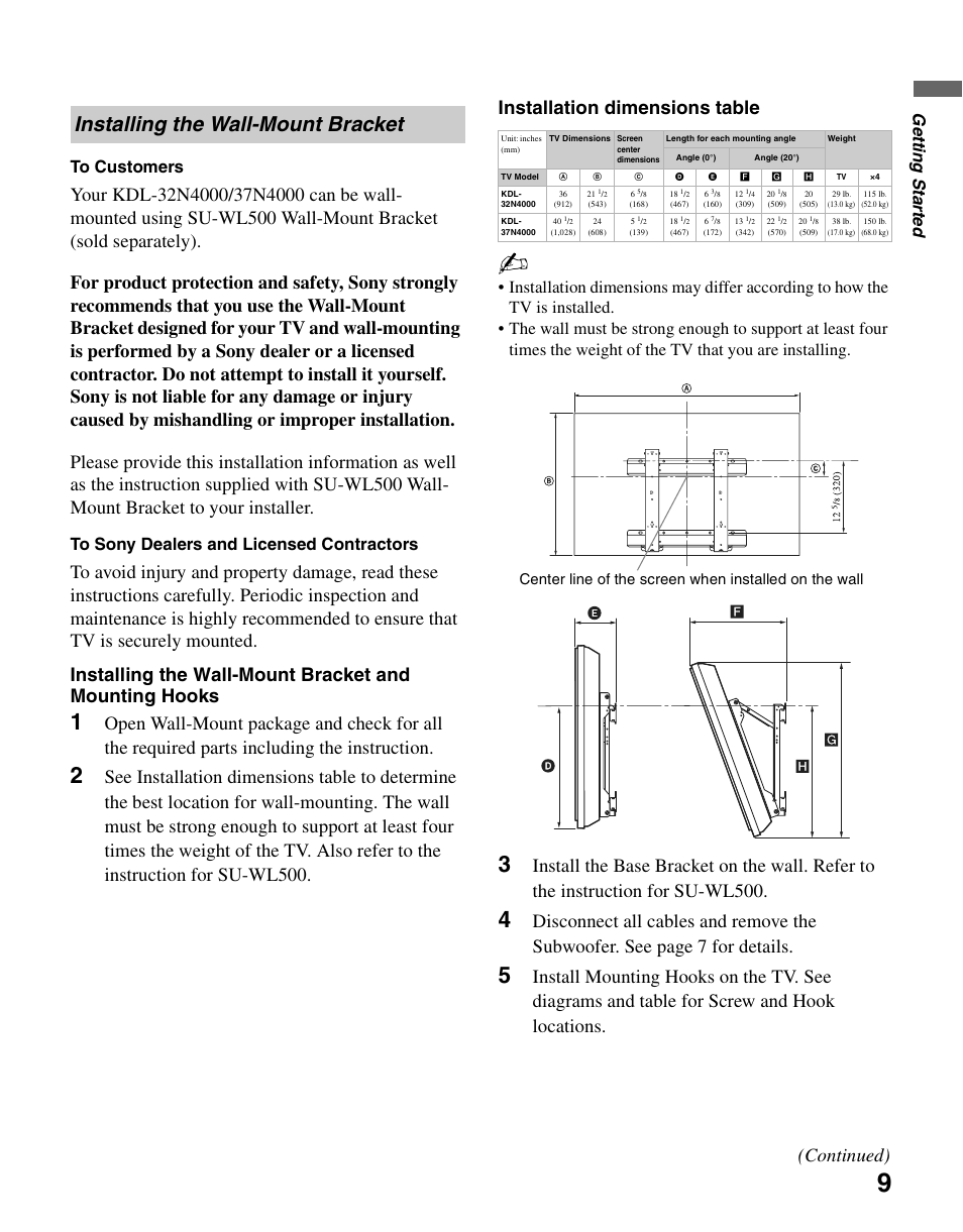 Installing the wall-mount bracket, Continued), Gettin g starte d to customers | Sony KDL-37N4000 User Manual | Page 9 / 48