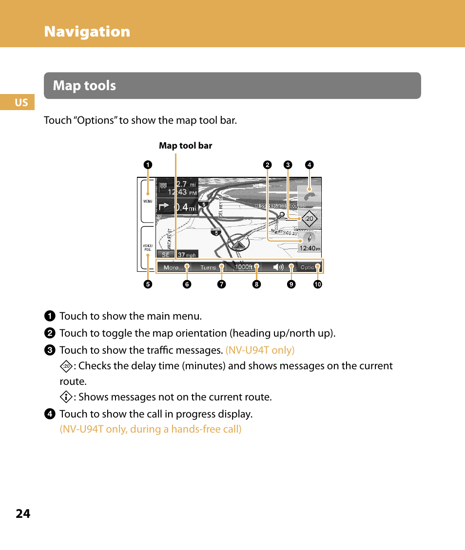 Navigation, Map tools | Sony NV-U84 User Manual | Page 24 / 104