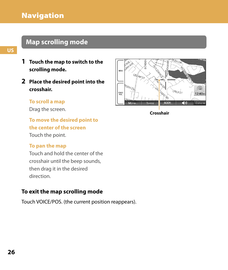 Navigation, Map scrolling mode 1 | Sony NV-U84 User Manual | Page 26 / 104