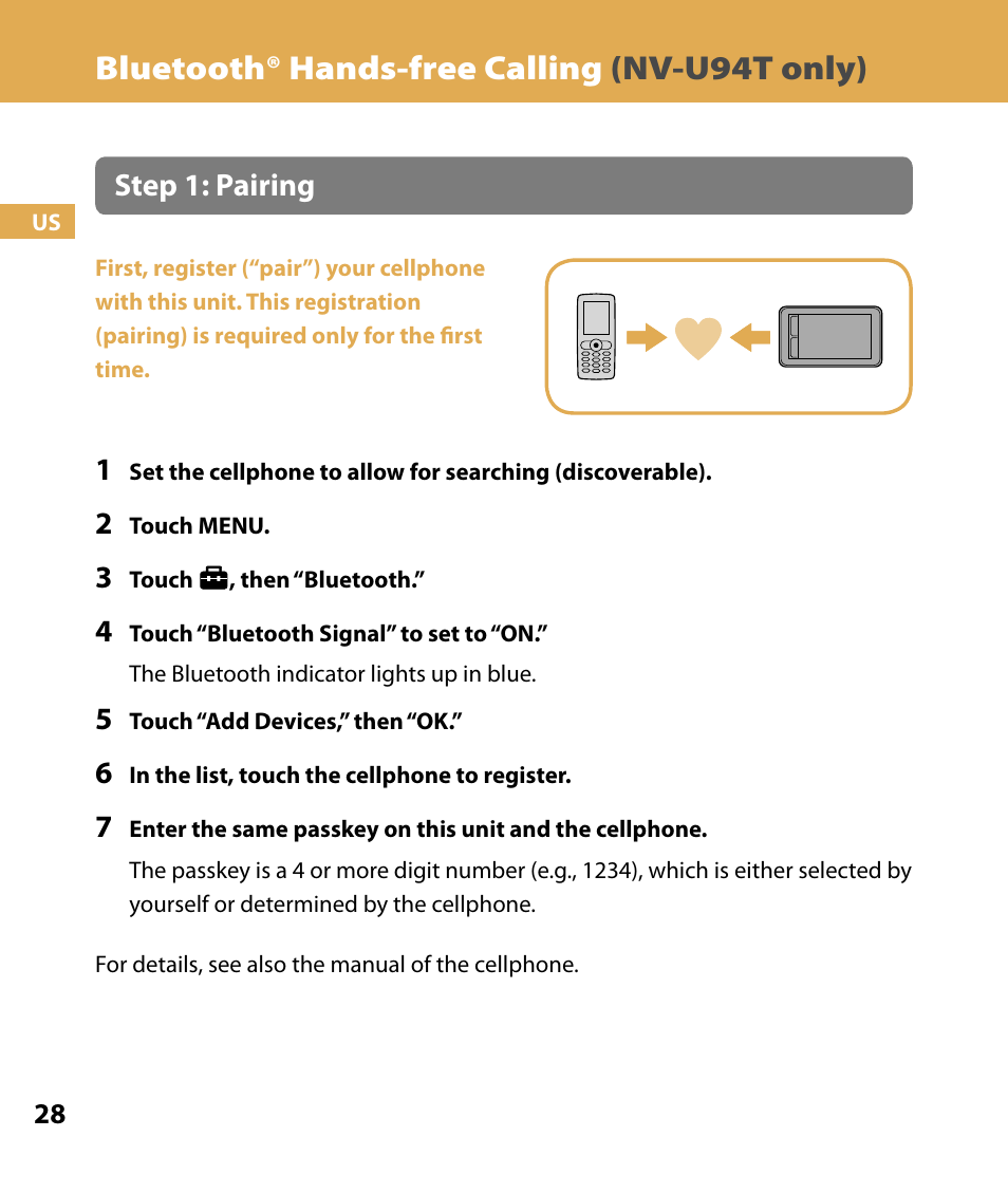 Bluetooth® hands-free calling (nv-u94t only), Bluetooth® hands-free calling, Nv-u94t only) | Step 1: pairing | Sony NV-U84 User Manual | Page 28 / 104