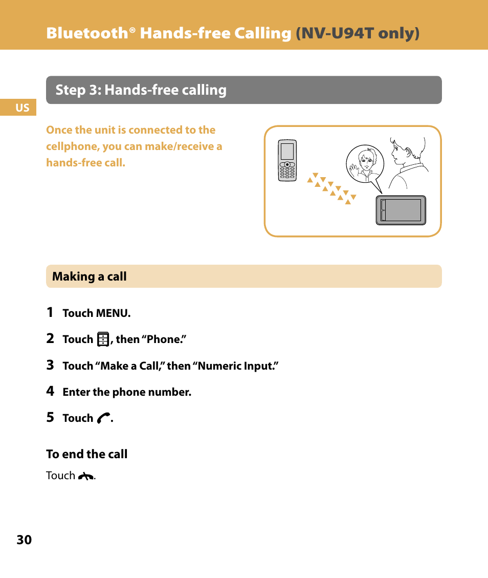 Bluetooth® hands-free calling (nv-u94t only), Step 3: hands-free calling | Sony NV-U84 User Manual | Page 30 / 104