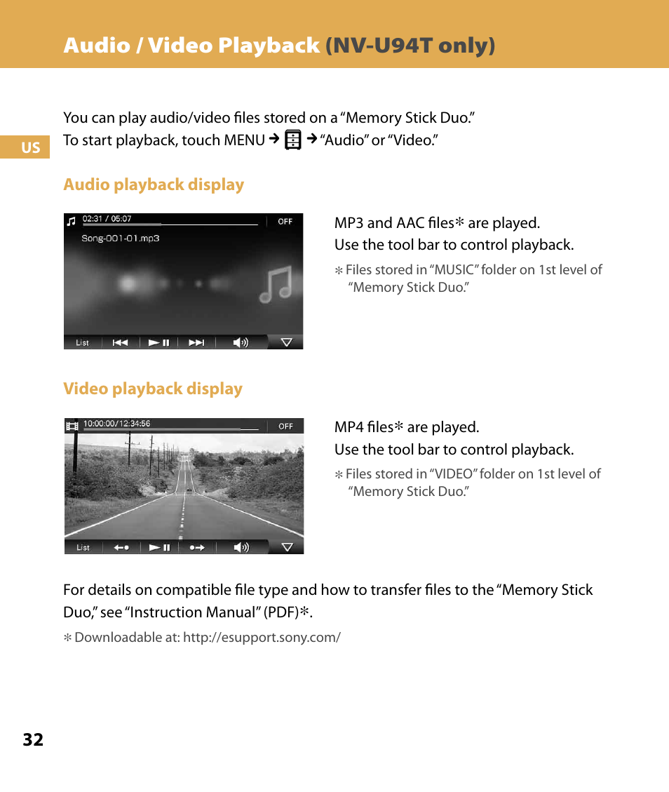 Audio / video playback (nv-u94t only), Audio / video playback, Nv-u94t only) | Sony NV-U84 User Manual | Page 32 / 104