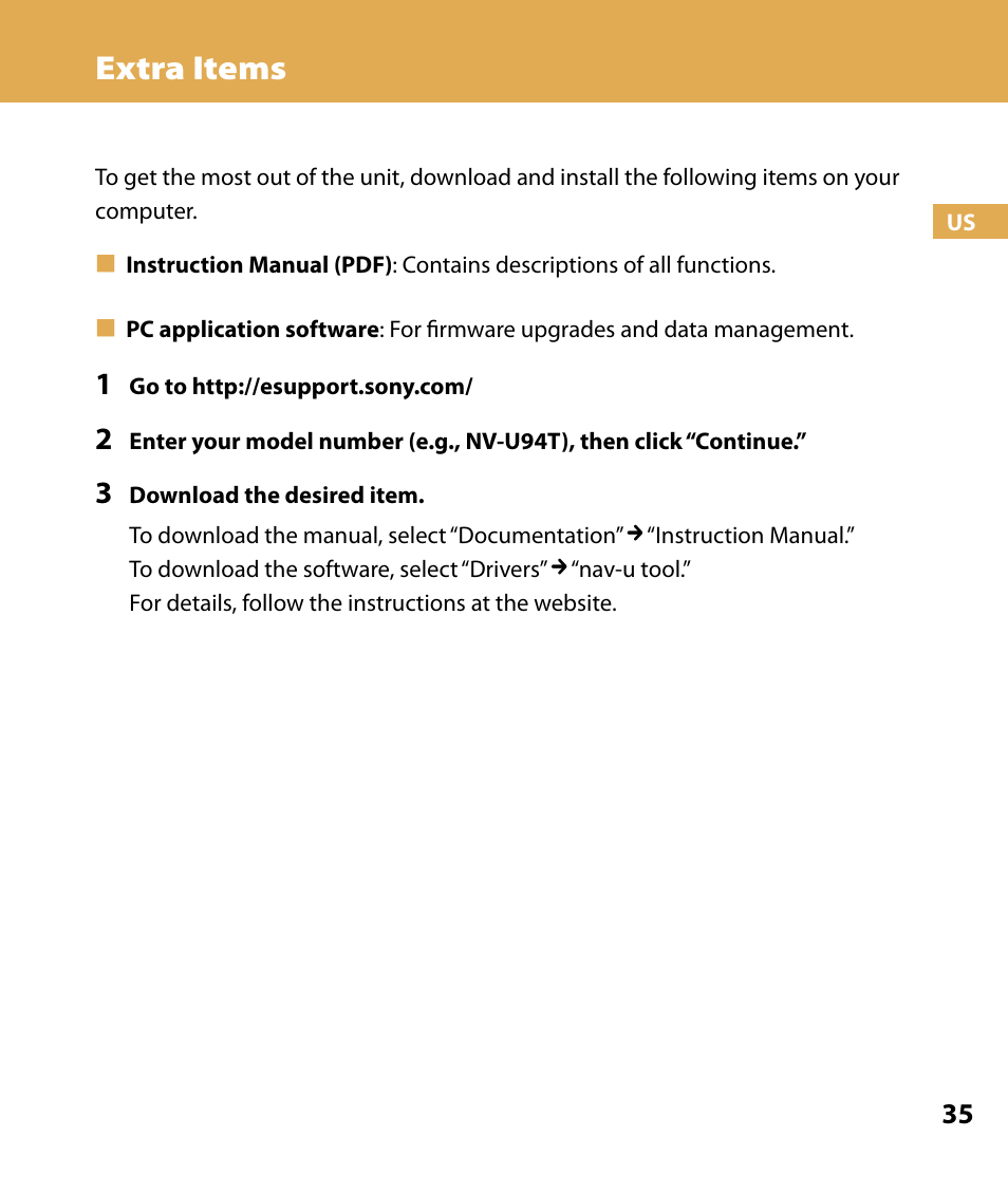 Extra items | Sony NV-U84 User Manual | Page 35 / 104