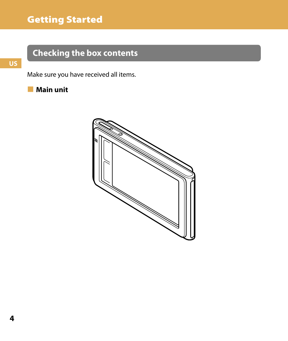 Getting started, Checking the box contents | Sony NV-U84 User Manual | Page 4 / 104