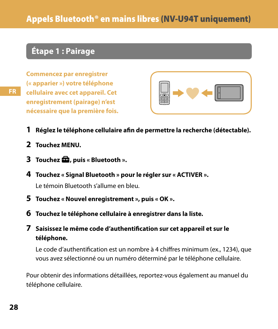 Appels bluetooth® en mains libres, Nv-u94t uniquement), Étape 1 : pairage | Sony NV-U84 User Manual | Page 62 / 104