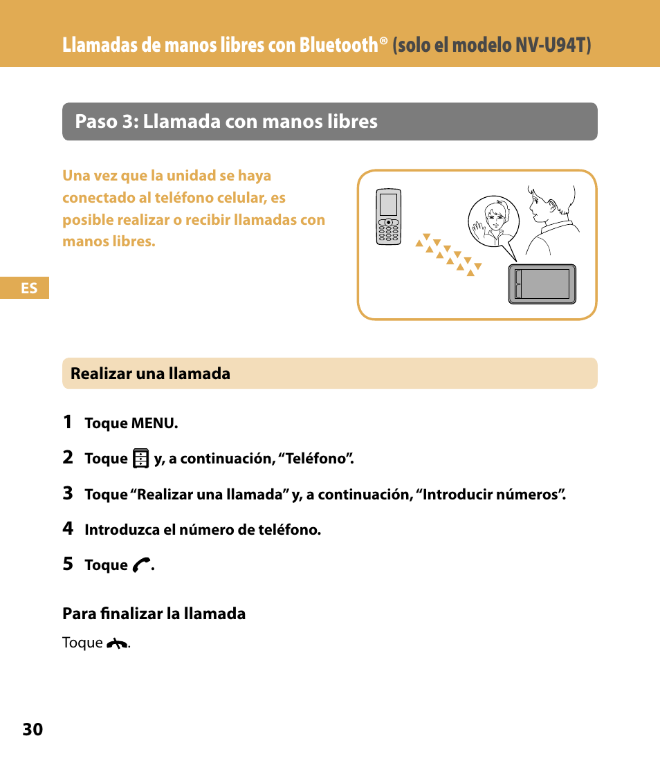 Paso 3: llamada con manos libres | Sony NV-U84 User Manual | Page 98 / 104