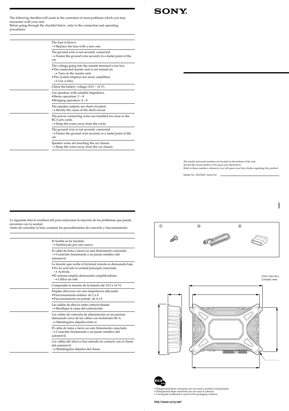 Stereo power amplifier, Xm-502z, Operating instructions manual de instrucciones | Dimensions dimensiones, Troubleshooting guide, Guía de solución de problemas, Owner’s record | Sony XM-502Z User Manual | Page 2 / 4