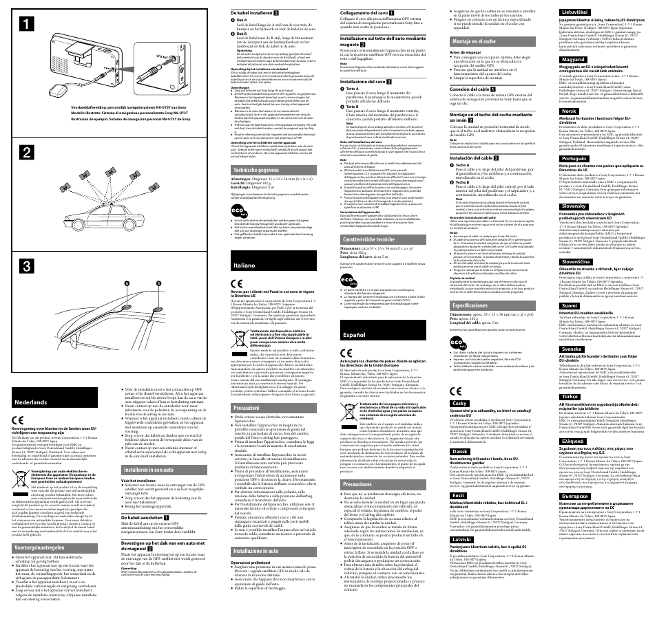 Nederlands, Voorzorgsmaatregelen, Installeren in een auto | Technische gegevens, Italiano, Precauzioni, Installazione in auto, Caratteristiche tecniche, Español, Precauciones | Sony VCA-42 User Manual | Page 2 / 2