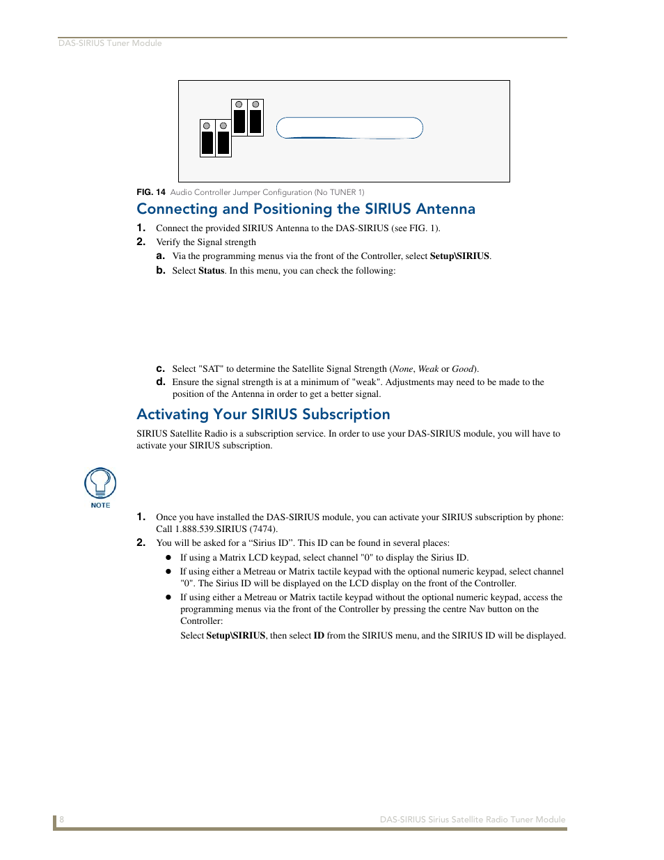 Connecting and positioning the sirius antenna, Activating your sirius subscription | AMX DAS-SIRIUS User Manual | Page 12 / 24