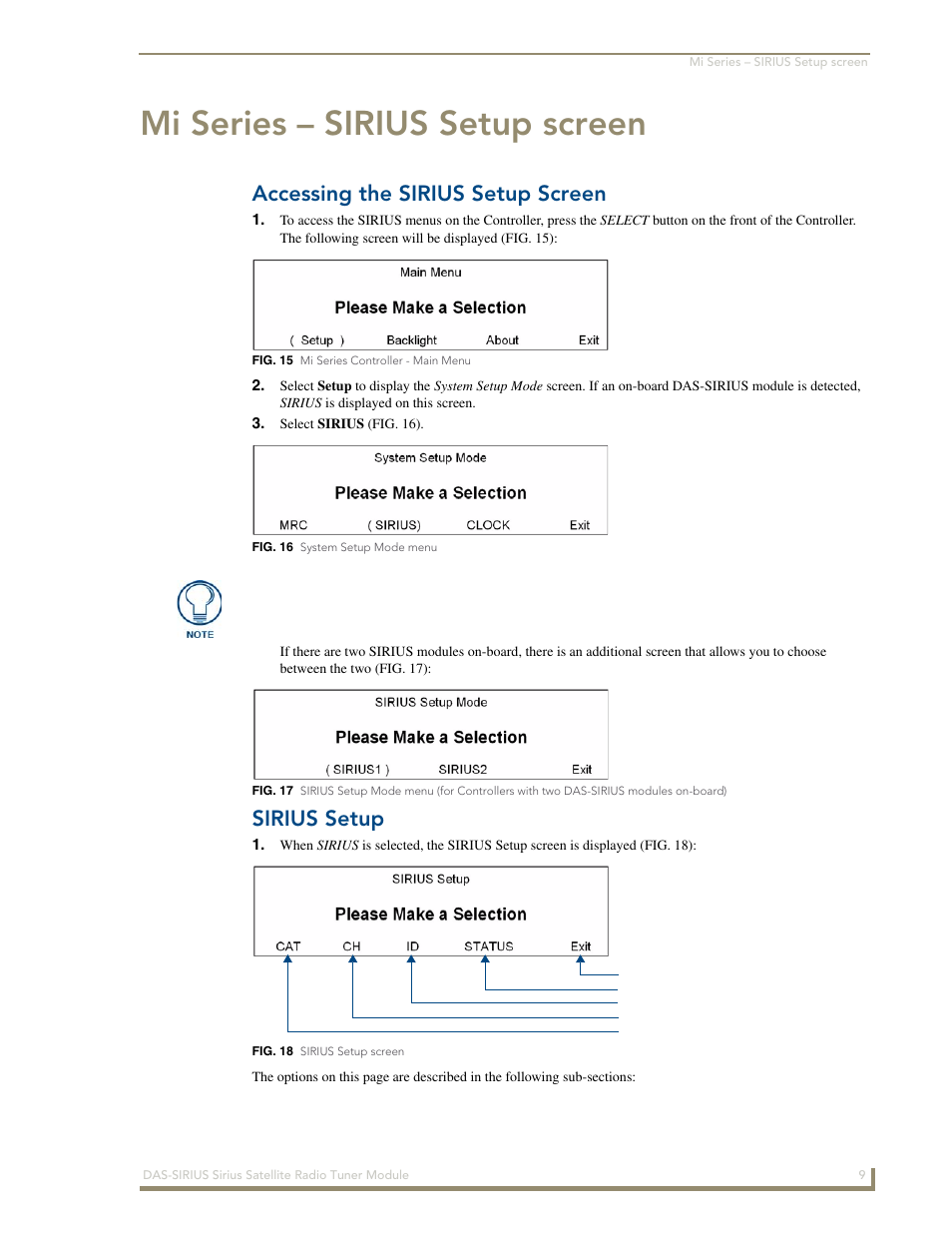 Mi series – sirius setup screen, Accessing the sirius setup screen, Sirius setup | AMX DAS-SIRIUS User Manual | Page 13 / 24