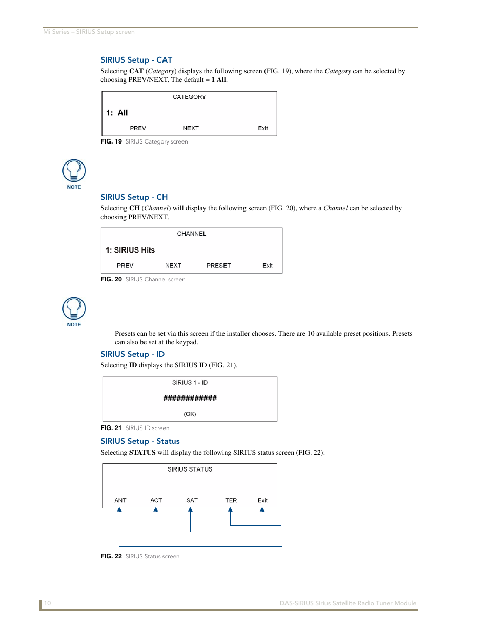 Sirius setup - cat, Sirius setup - ch, Sirius setup - id | Sirius setup - status | AMX DAS-SIRIUS User Manual | Page 14 / 24