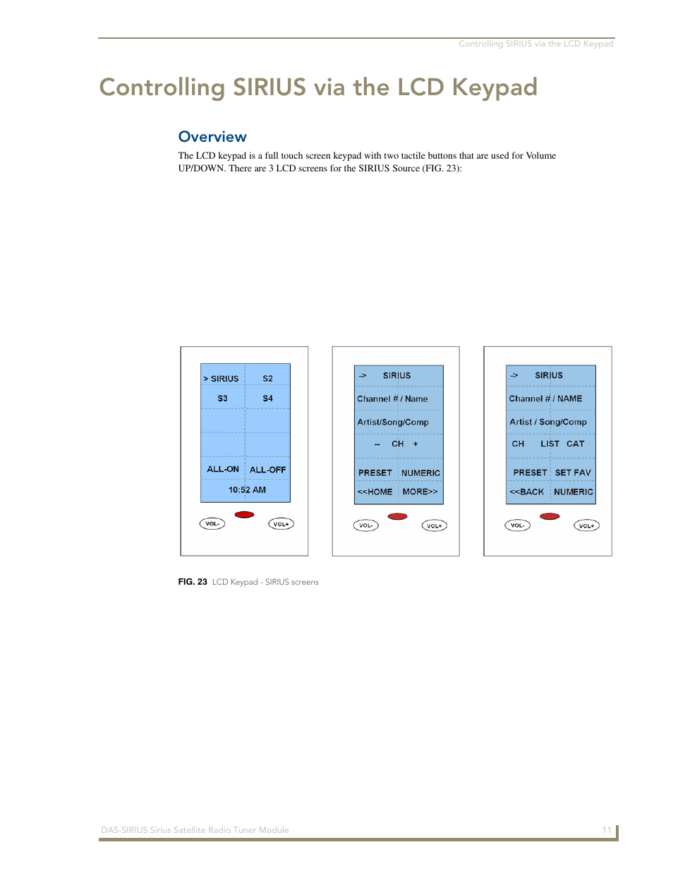 Controlling sirius via the lcd keypad, Overview | AMX DAS-SIRIUS User Manual | Page 15 / 24