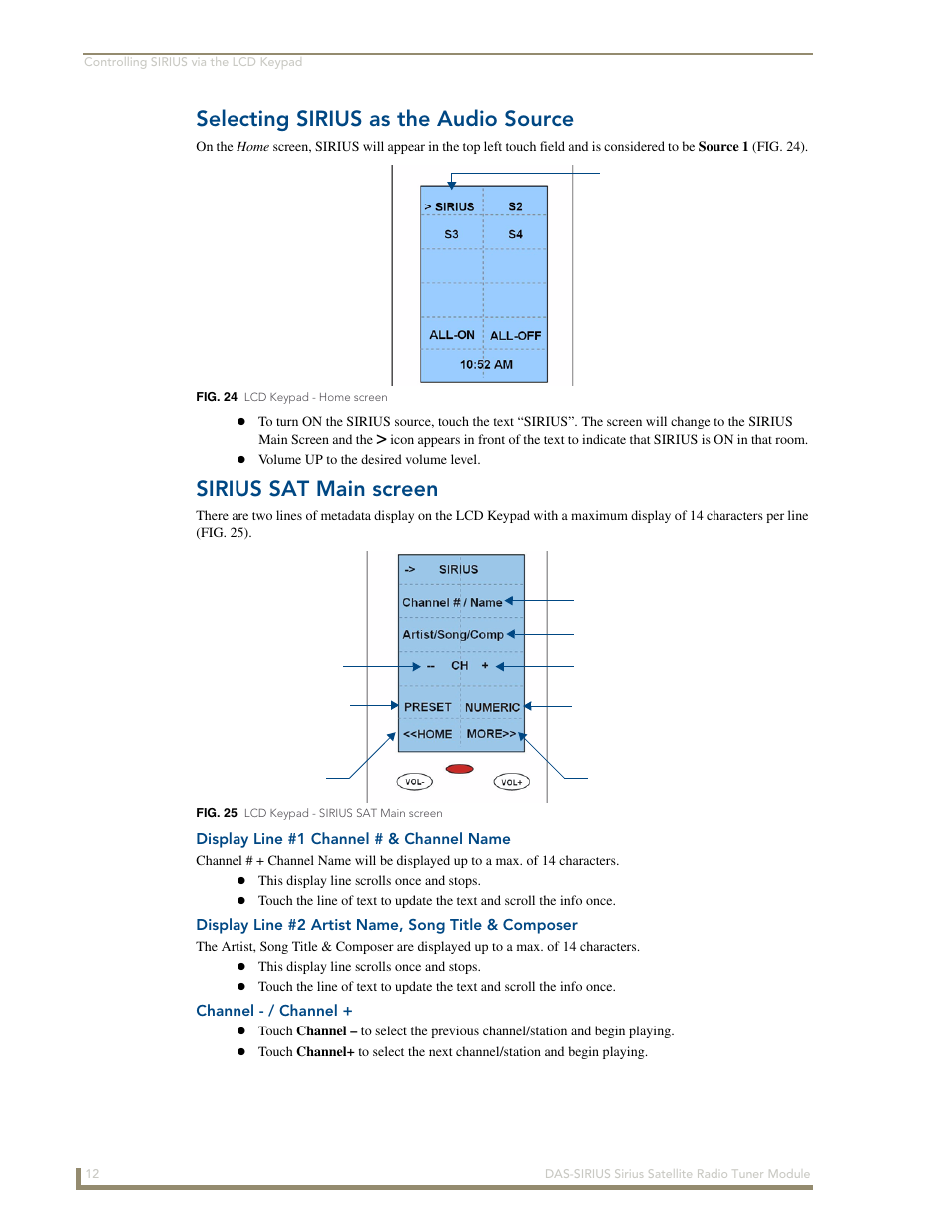 Selecting sirius as the audio source, Sirius sat main screen, Display line #1 channel # & channel name | Display line #2 artist name, song title & composer, Channel - / channel | AMX DAS-SIRIUS User Manual | Page 16 / 24