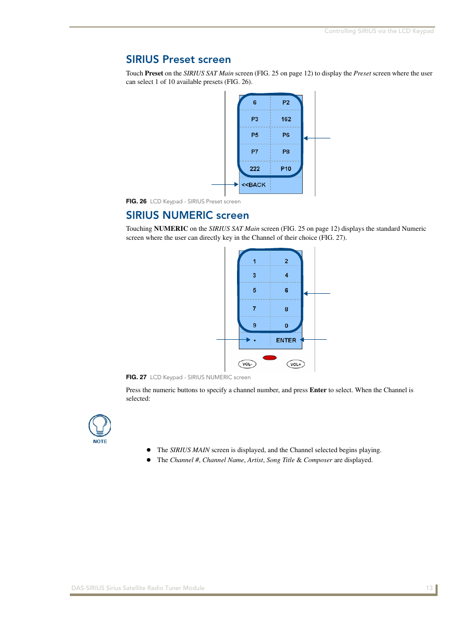 Sirius preset screen, Sirius numeric screen | AMX DAS-SIRIUS User Manual | Page 17 / 24