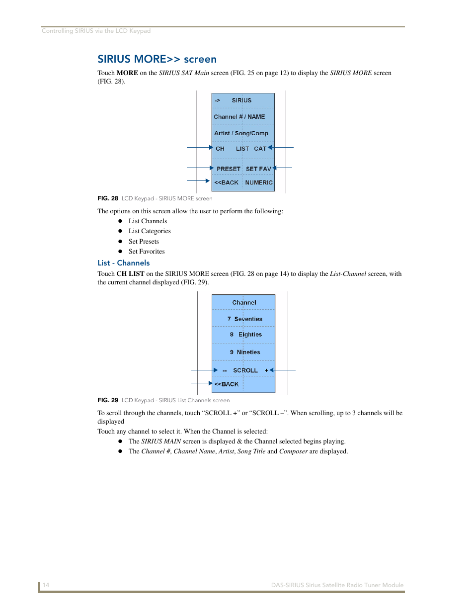 Sirius more>> screen, List - channels | AMX DAS-SIRIUS User Manual | Page 18 / 24