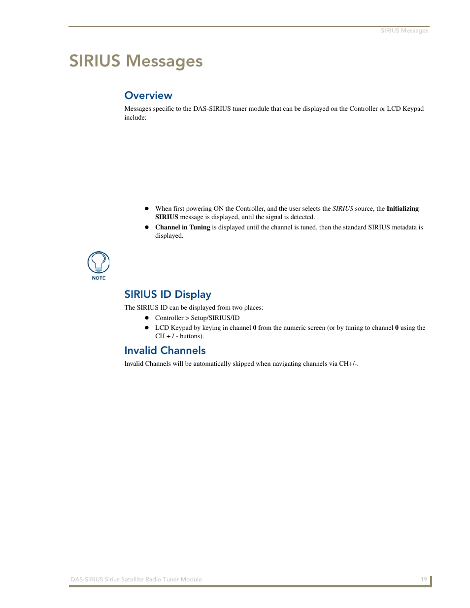 Sirius messages, Overview, Sirius id display | Invalid channels | AMX DAS-SIRIUS User Manual | Page 23 / 24