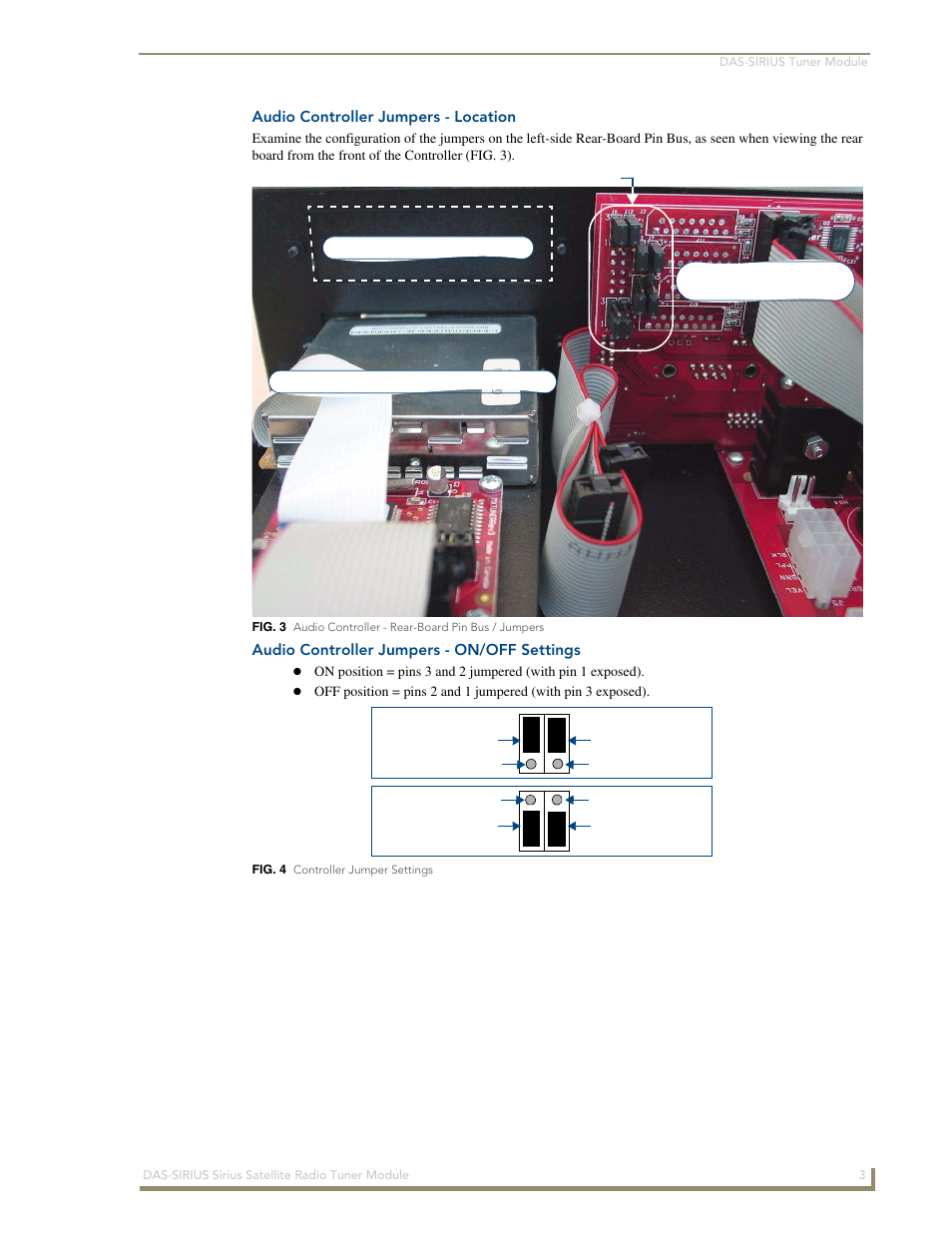 Audio controller jumpers - location, Audio controller jumpers - on/off settings | AMX DAS-SIRIUS User Manual | Page 7 / 24