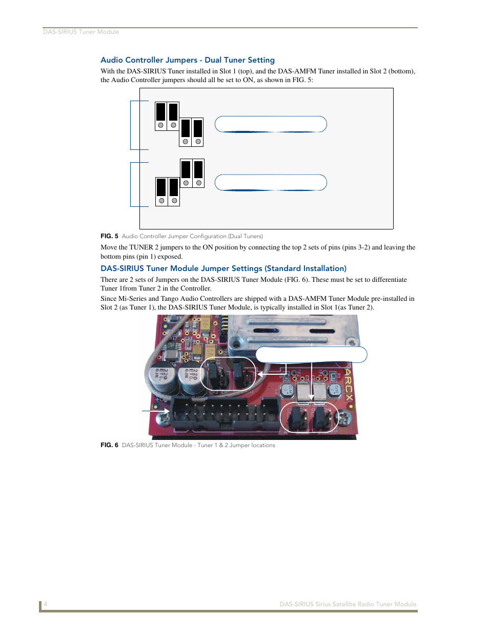 Audio controller jumpers - dual tuner setting | AMX DAS-SIRIUS User Manual | Page 8 / 24