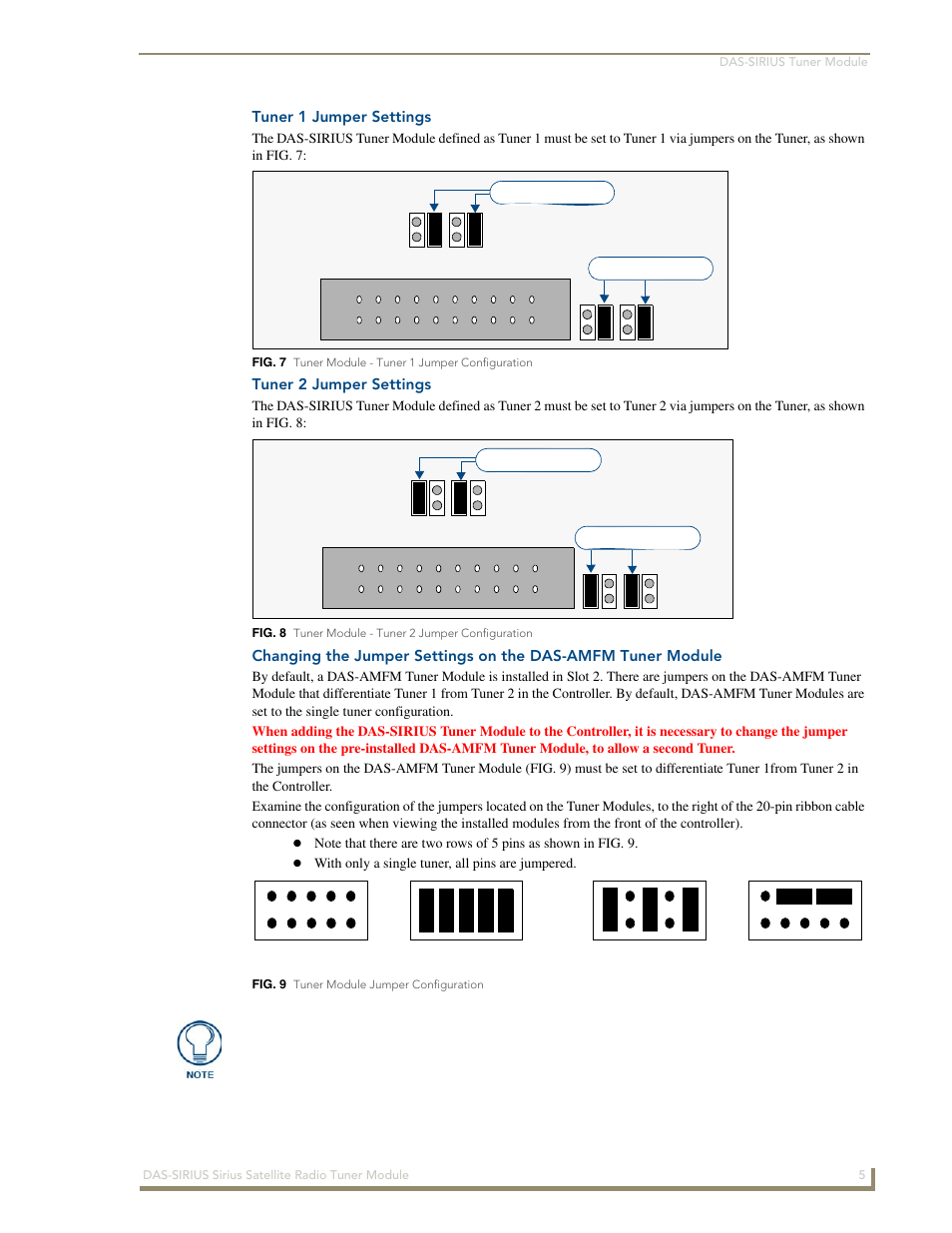 Tuner 1 jumper settings, Tuner 2 jumper settings | AMX DAS-SIRIUS User Manual | Page 9 / 24
