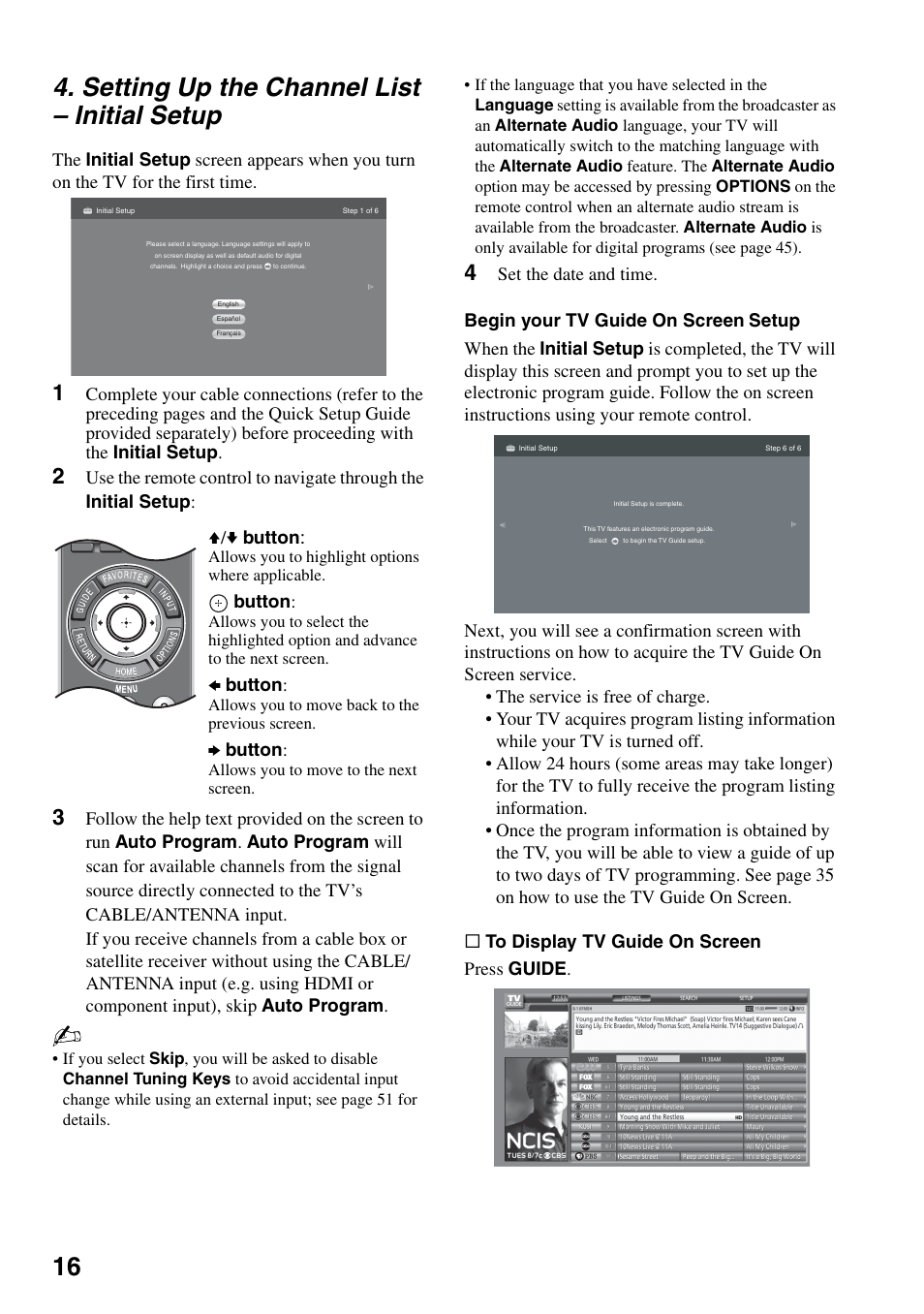 Setting up the channel list - initial setup, Setting up the channel list, Initial setup | 16 4. setting up the channel list – initial setup, Button, B button | Sony KDL-46Z4100 User Manual | Page 16 / 64