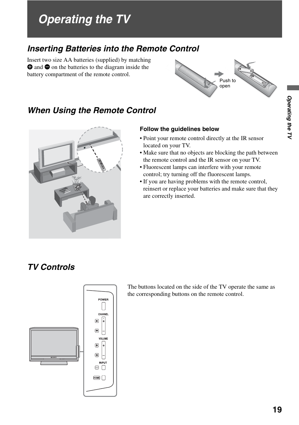 Operating the tv, Inserting batteries into the remote control, When using the remote control | Tv controls, When using the remote control tv controls | Sony KDL-46Z4100 User Manual | Page 19 / 64