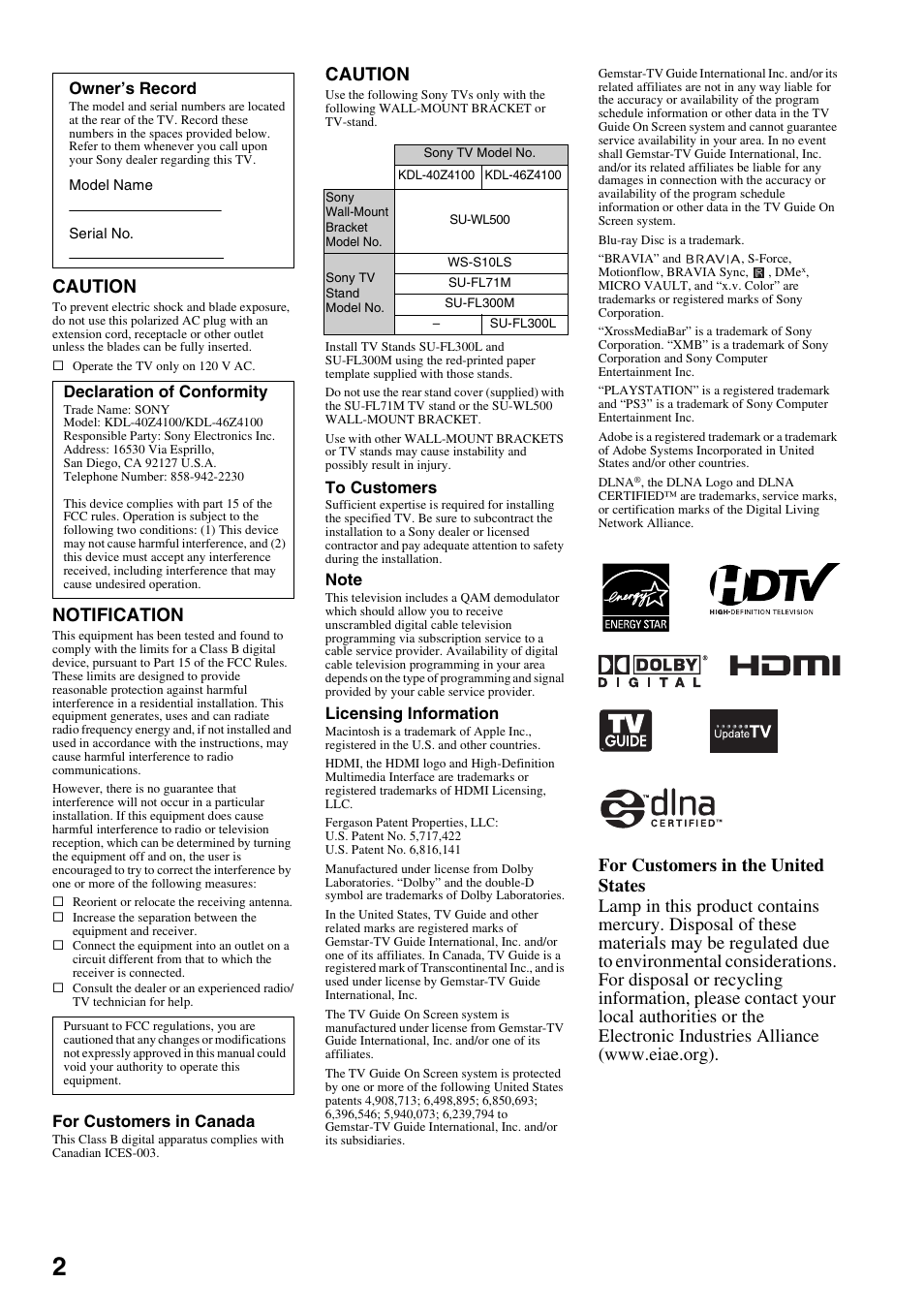 Caution, Notification | Sony KDL-46Z4100 User Manual | Page 2 / 64