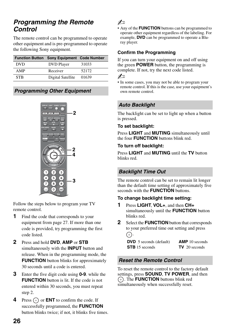 Programming the remote control, Programming other equipment, Auto backlight | Backlight time out, Reset the remote control, 26 programming the remote control, 23 2 4 auto backlight backlight time out | Sony KDL-46Z4100 User Manual | Page 26 / 64