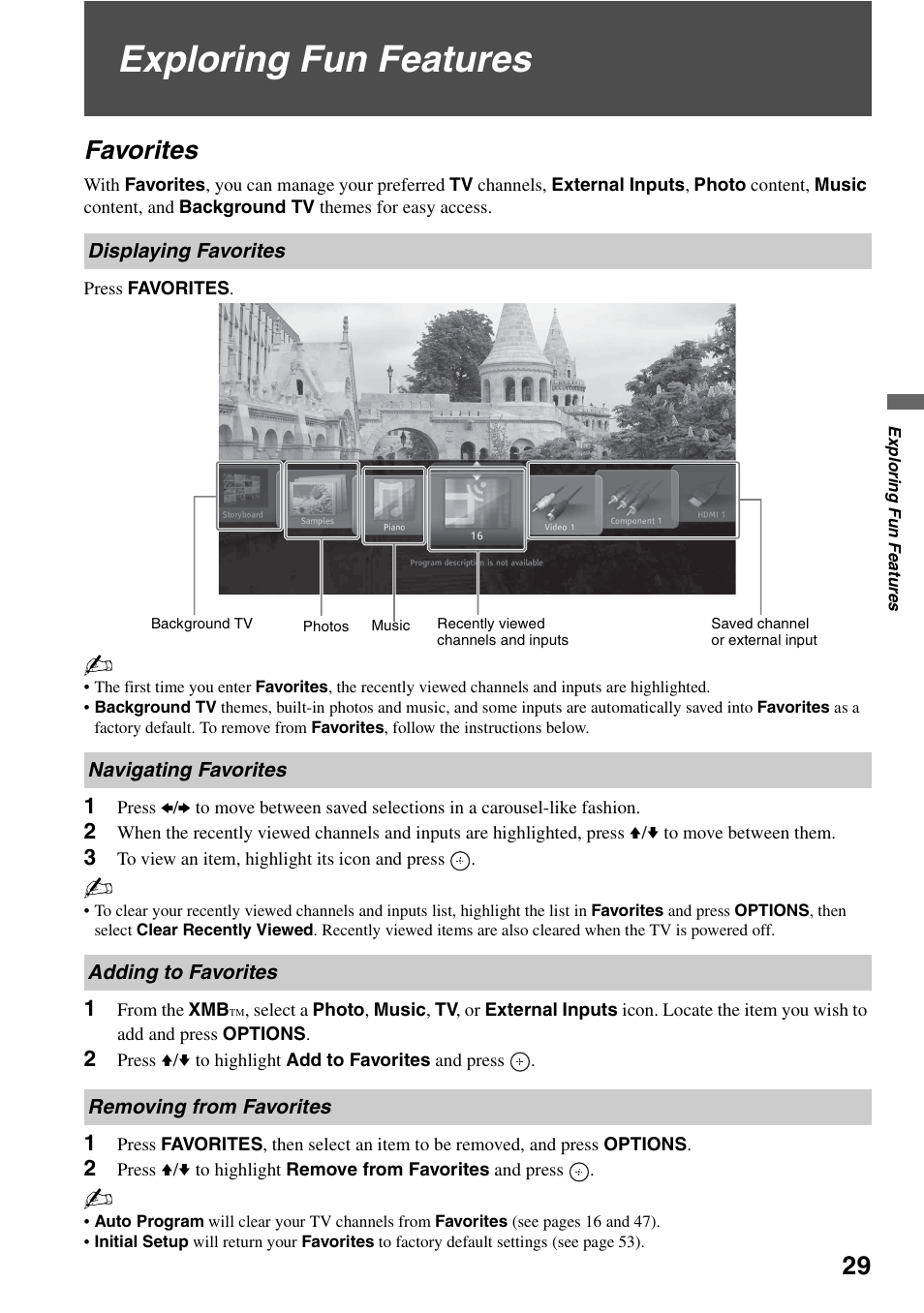 Exploring fun features, Favorites, Displaying favorites | Navigating favorites, Adding to favorites, Removing from favorites, Ge 29 f | Sony KDL-46Z4100 User Manual | Page 29 / 64