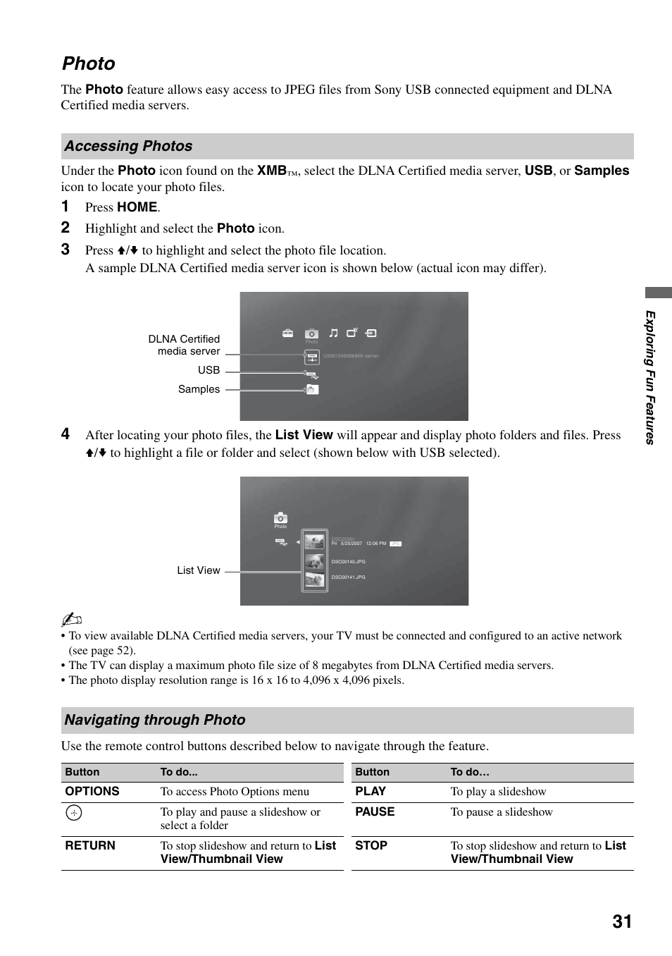 Photo, Accessing photos, Navigating through photo | Accessing photos navigating through photo, 31). s | Sony KDL-46Z4100 User Manual | Page 31 / 64