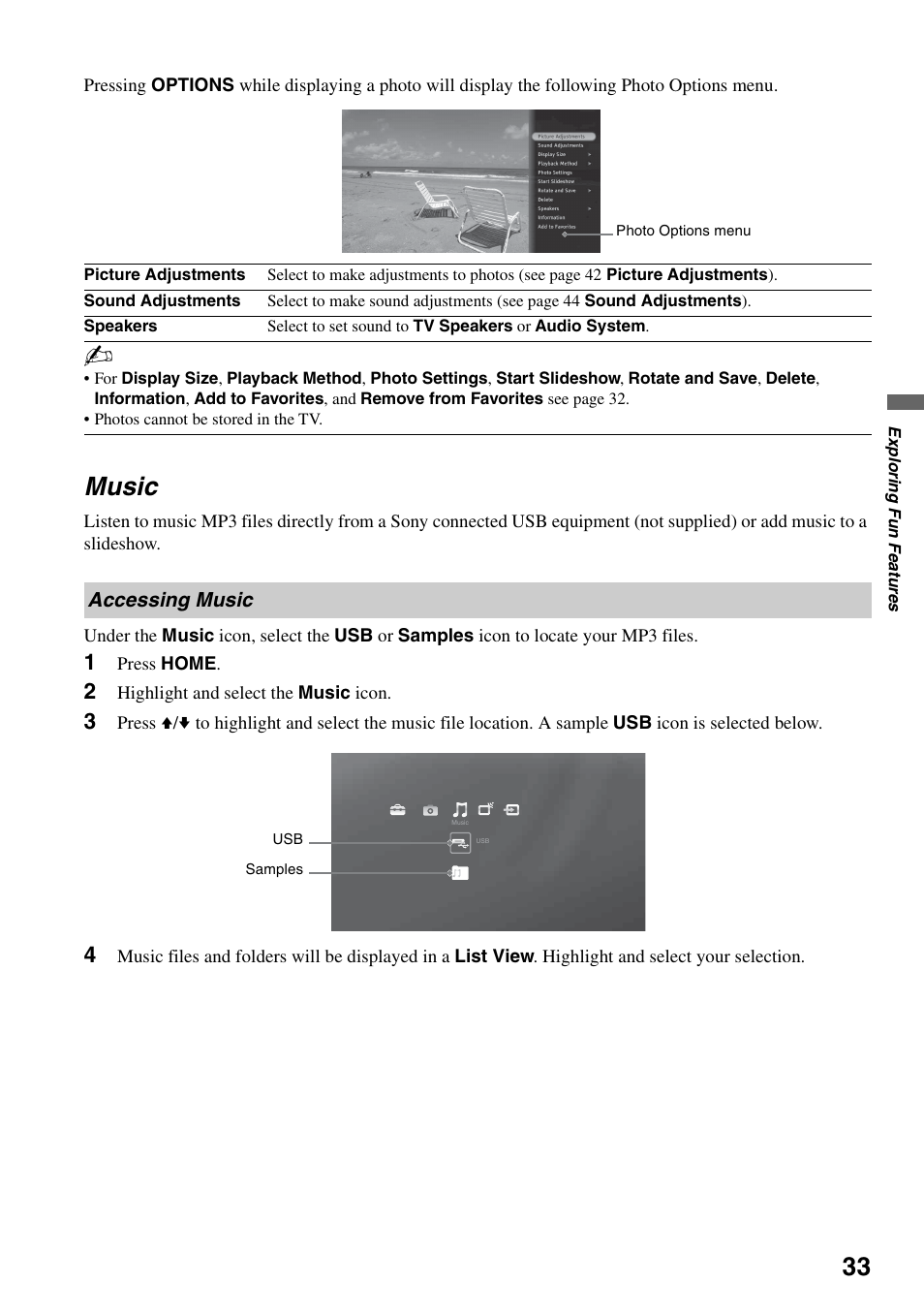Music, Accessing music | Sony KDL-46Z4100 User Manual | Page 33 / 64