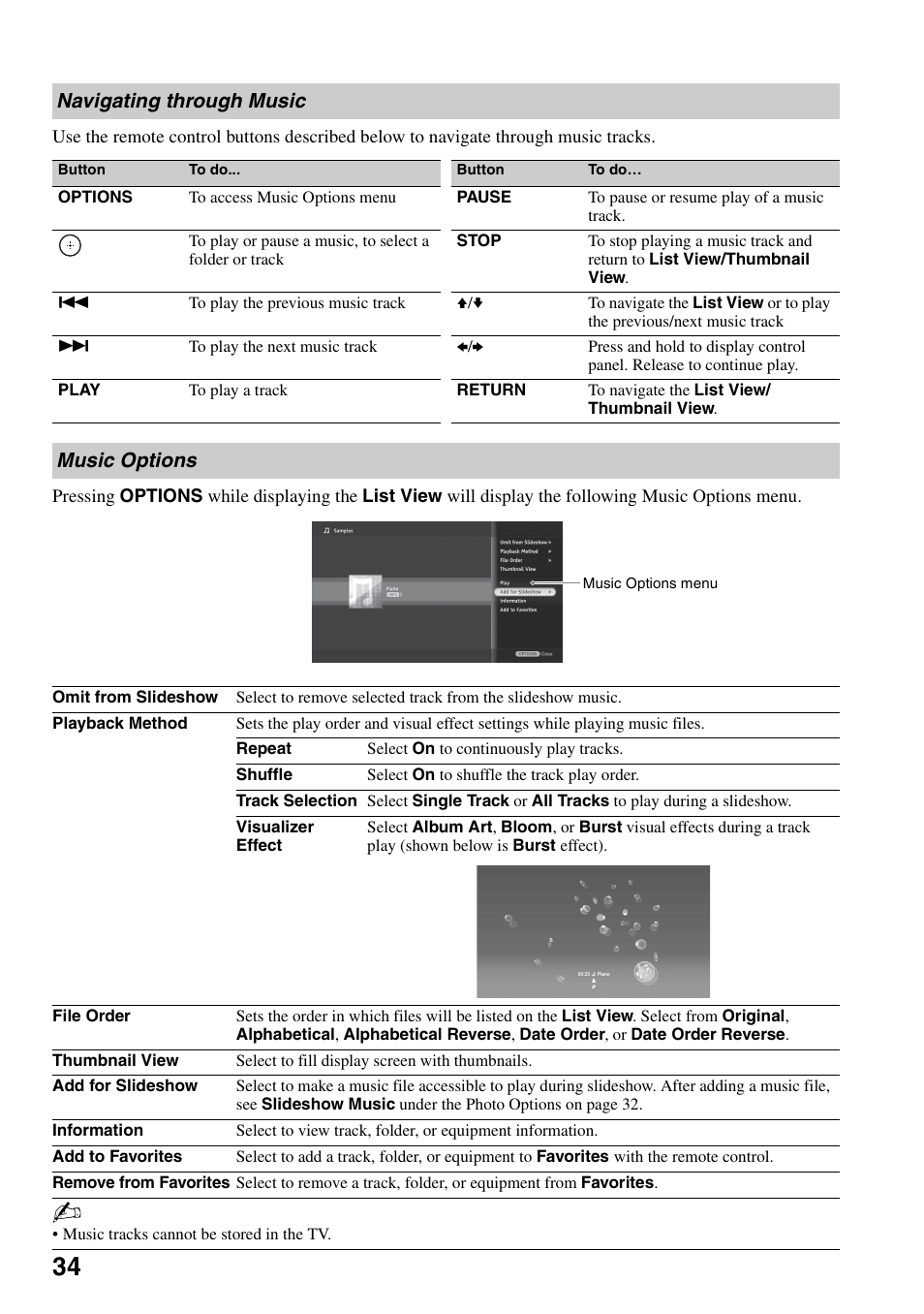 Navigating through music, Music options, Navigating through music music options | Sony KDL-46Z4100 User Manual | Page 34 / 64