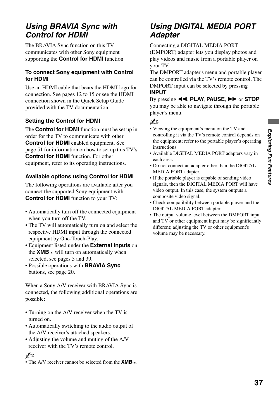 Using bravia sync with control for hdmi, Using digital media port adapter | Sony KDL-46Z4100 User Manual | Page 37 / 64