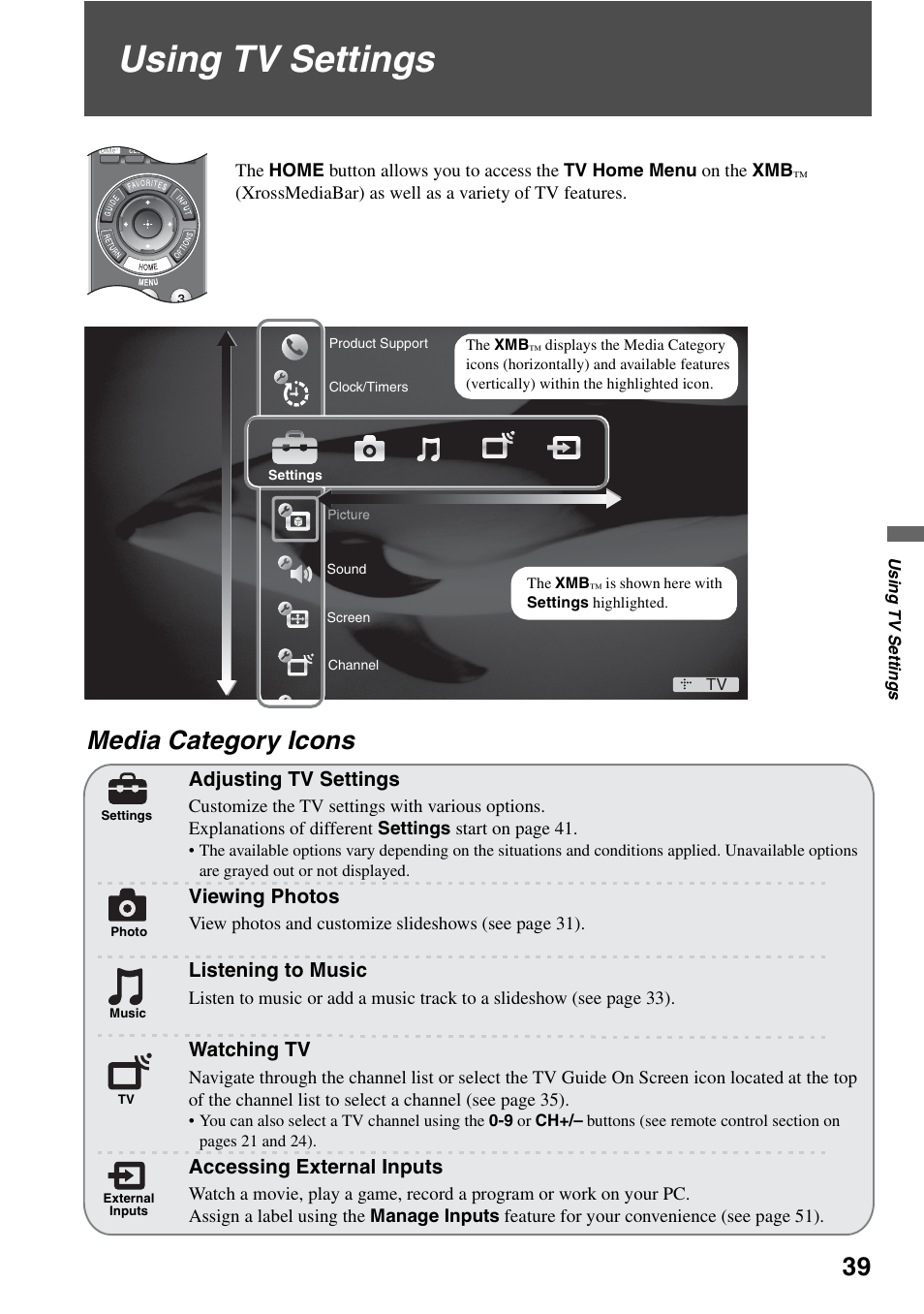 Using tv settings, Media category icons, D 39) | Sony KDL-46Z4100 User Manual | Page 39 / 64