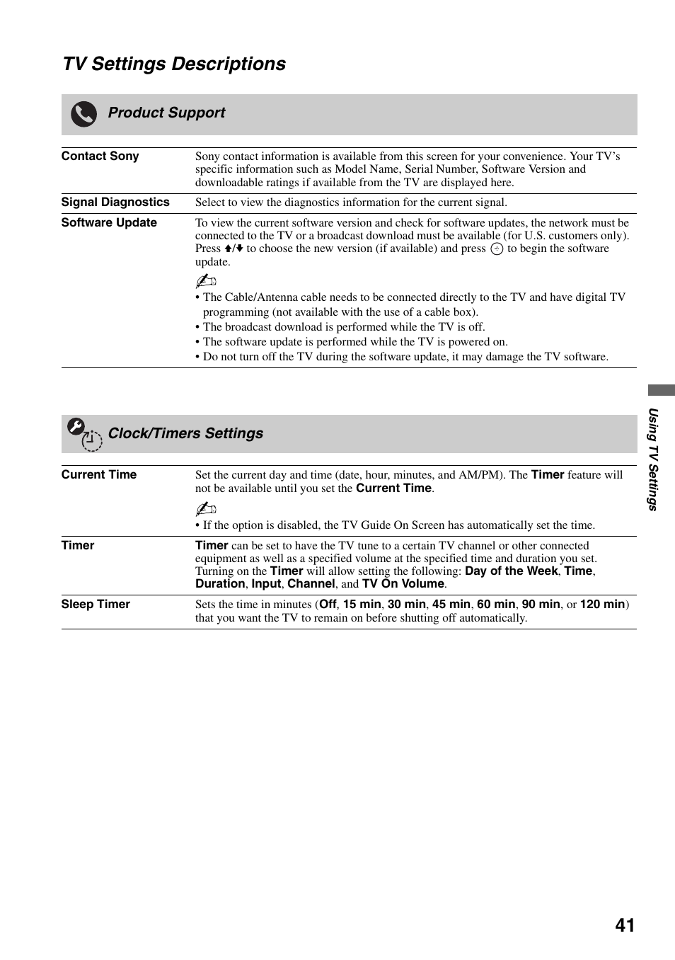 Tv settings descriptions, Product support, Clock/timers settings | Product support clock/timers settings | Sony KDL-46Z4100 User Manual | Page 41 / 64