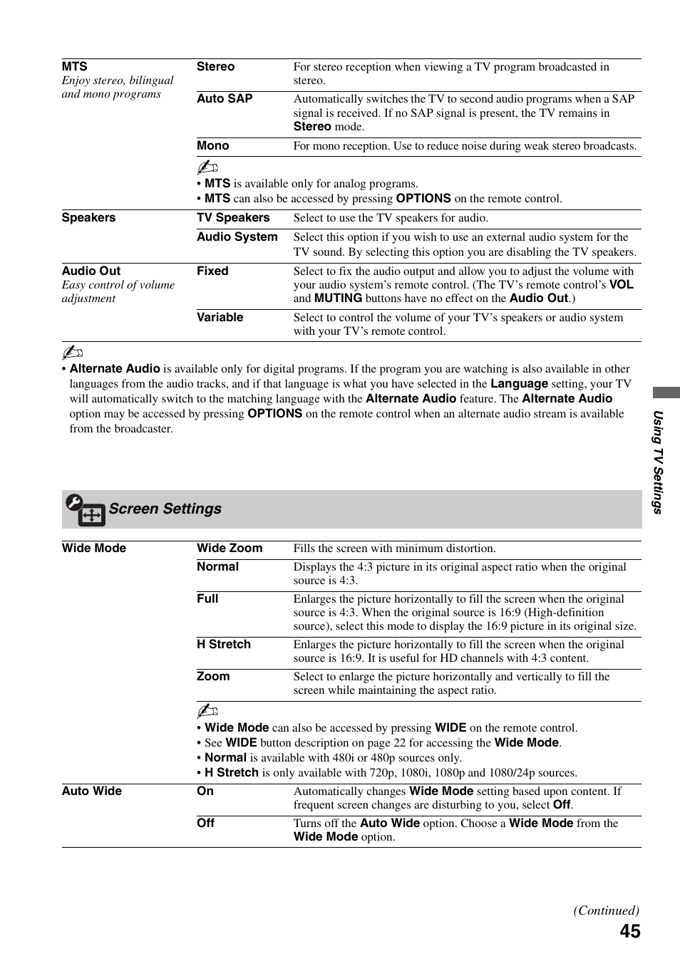 Screen settings | Sony KDL-46Z4100 User Manual | Page 45 / 64