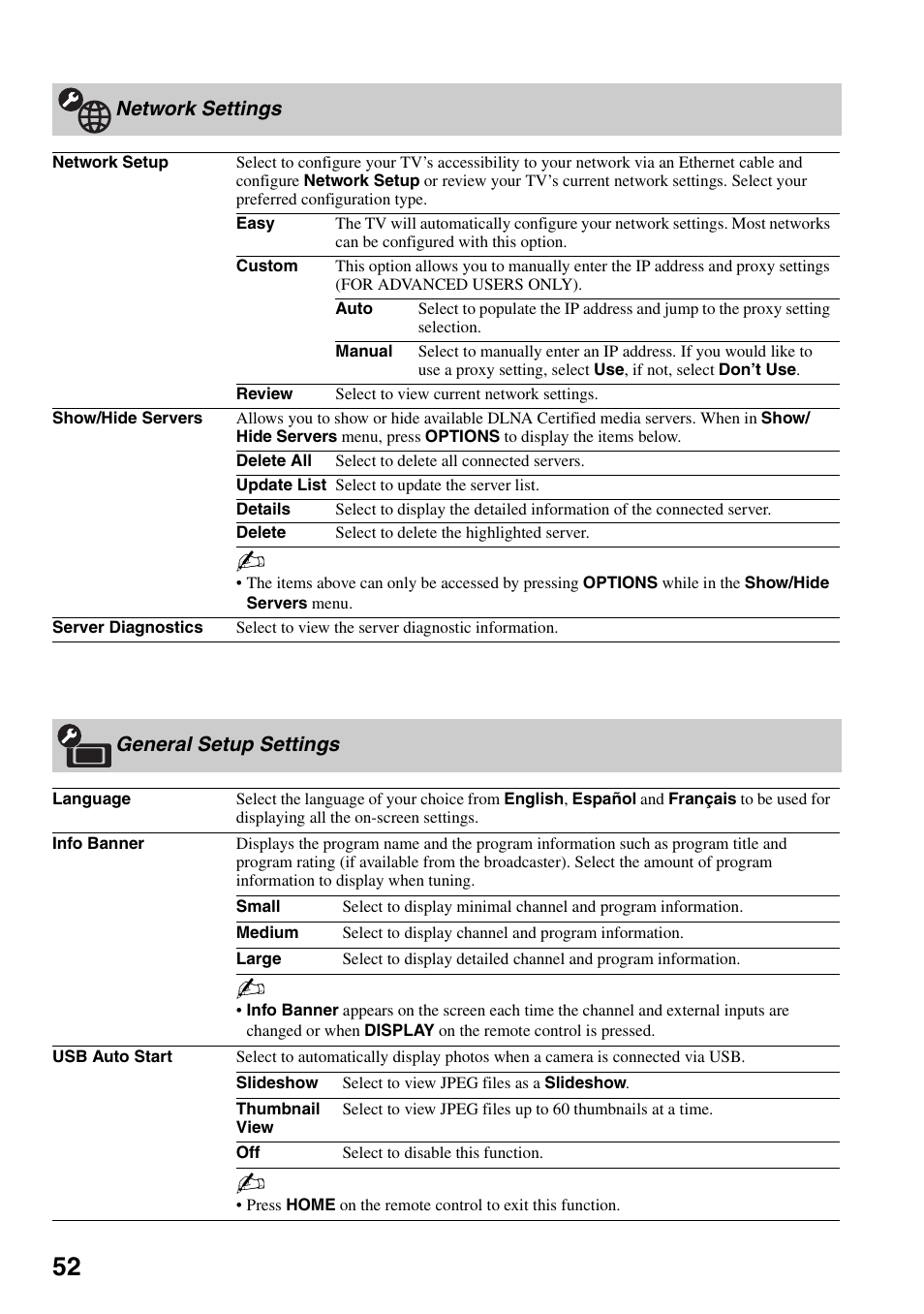 Network settings, General setup settings, Network settings general setup settings | Sony KDL-46Z4100 User Manual | Page 52 / 64