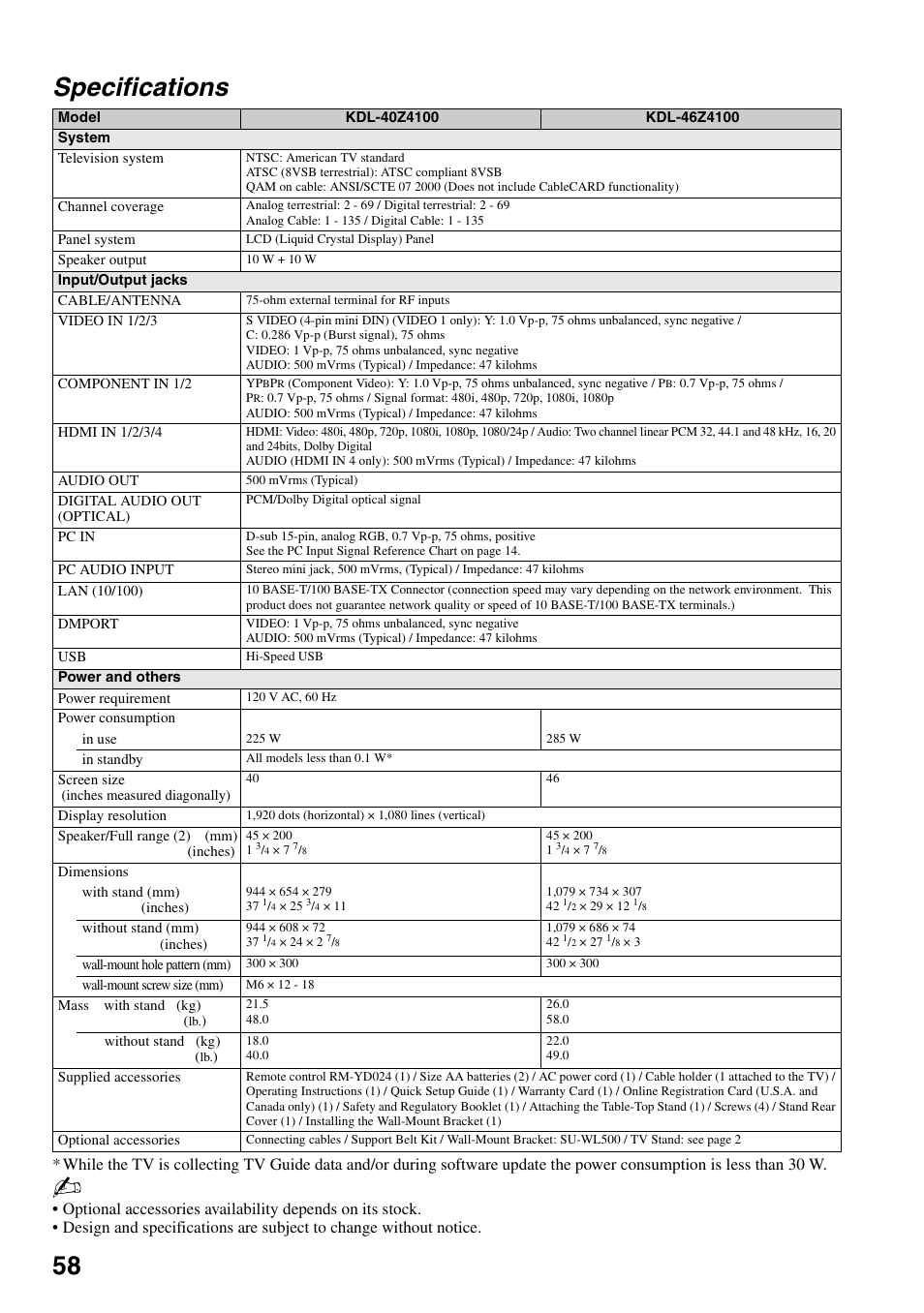 Specifications, 58 specifications | Sony KDL-46Z4100 User Manual | Page 58 / 64