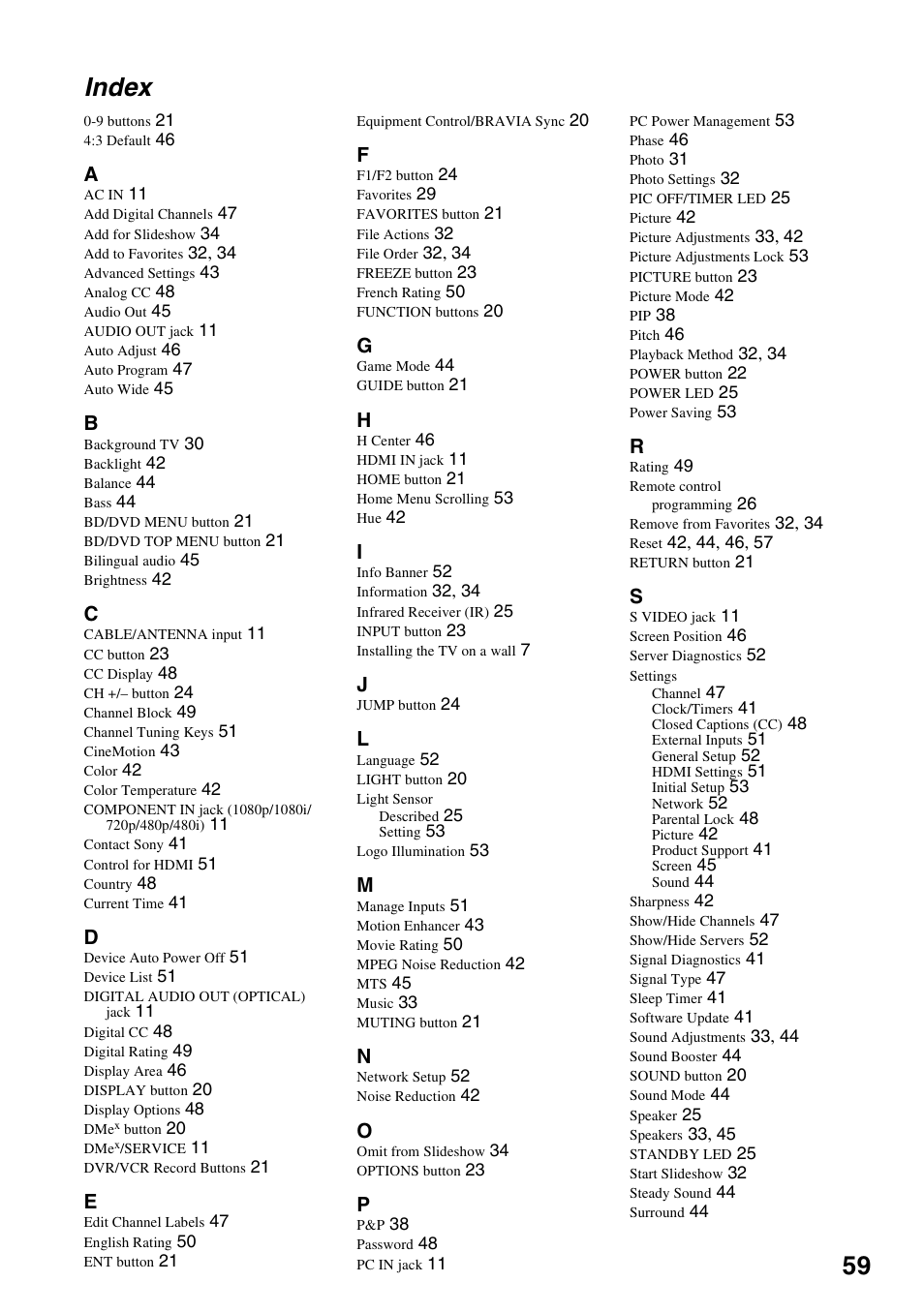 Index, 59 index | Sony KDL-46Z4100 User Manual | Page 59 / 64