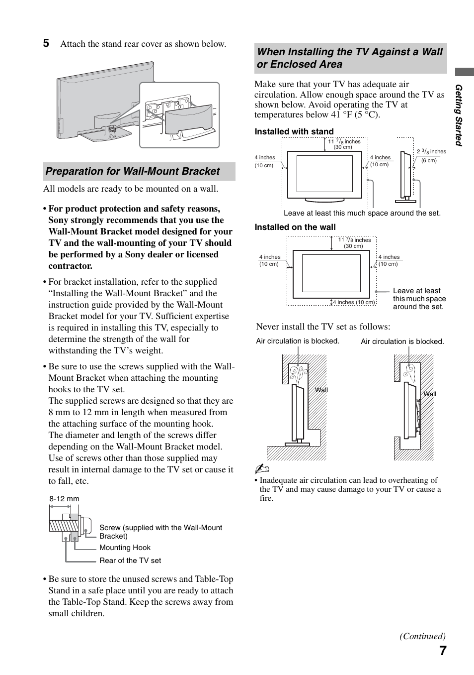 Preparation for wall-mount bracket, Enclosed area, Never install the tv set as follows | Continued) | Sony KDL-46Z4100 User Manual | Page 7 / 64