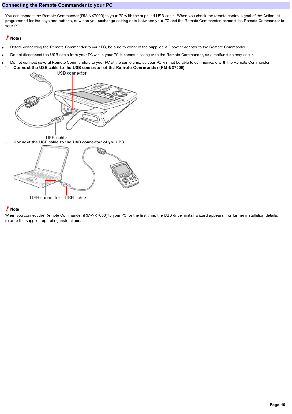 Connecting the remote commander to your pc | Sony RM-NX7000 User Manual | Page 10 / 117
