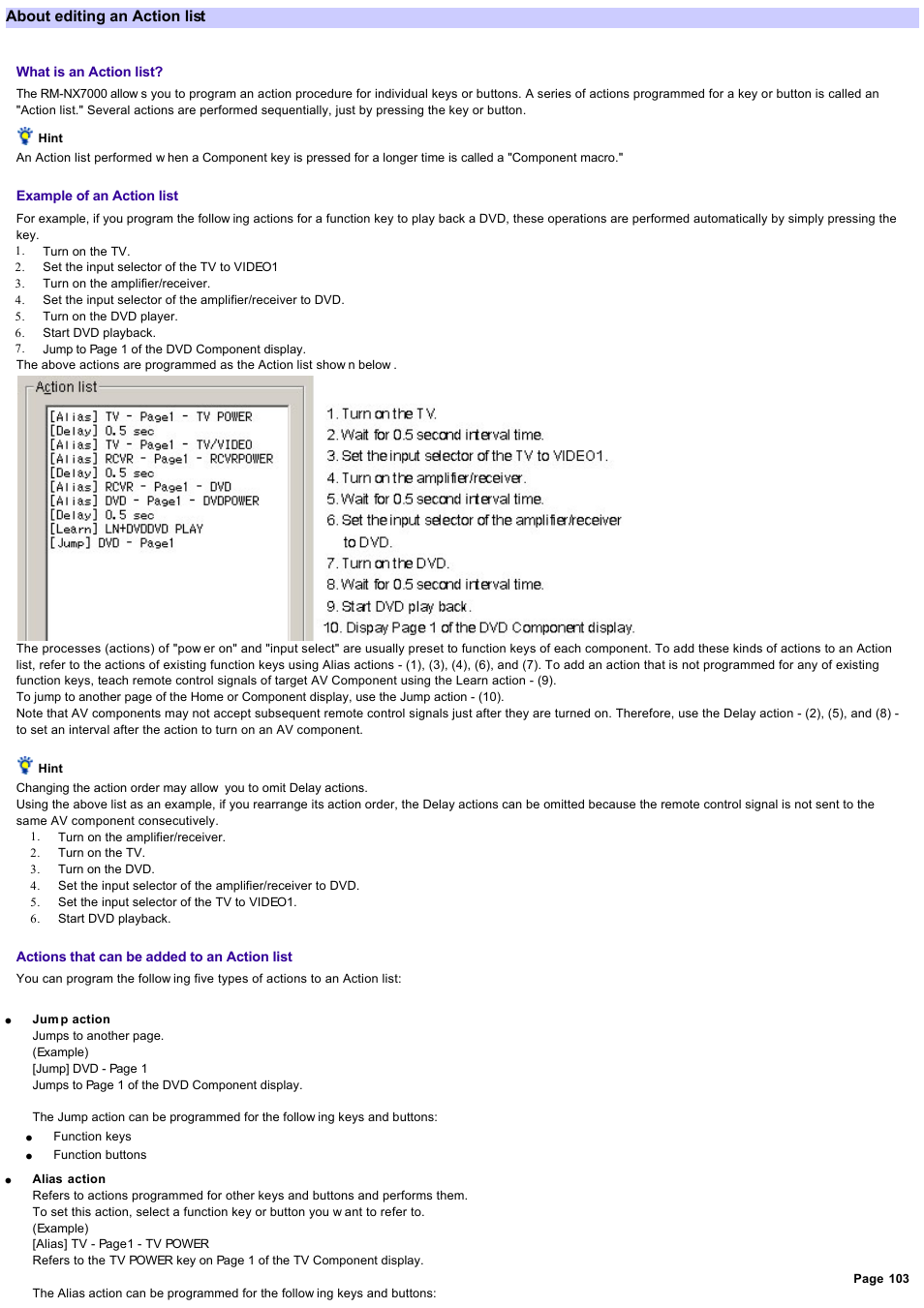 About editing action lists, About editing an action list, Action lists | Or set the, Label, and, Action list, For further details, see, About alias loops | Sony RM-NX7000 User Manual | Page 103 / 117