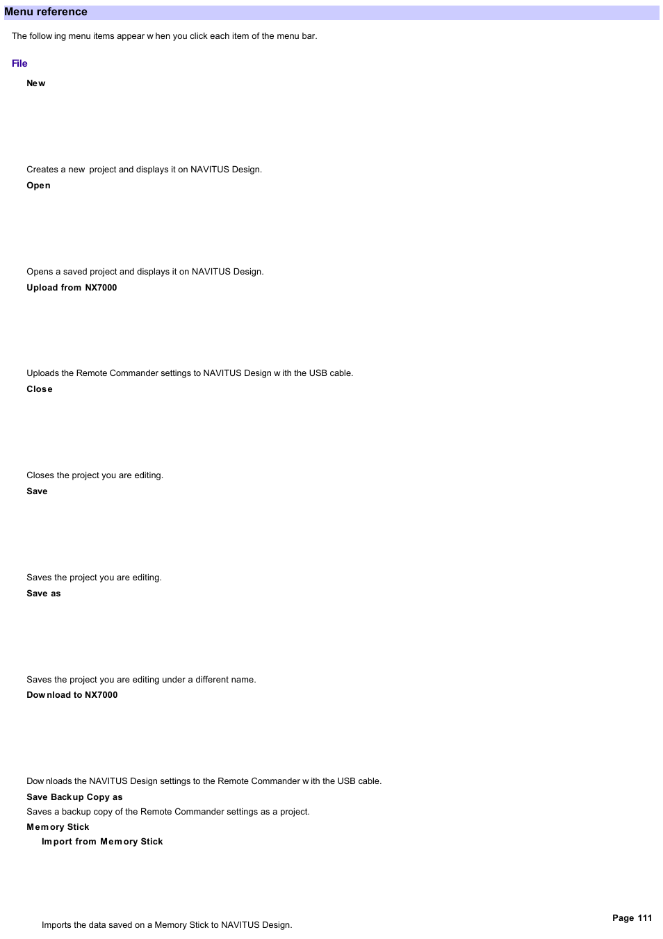 Additional information, Menu reference | Sony RM-NX7000 User Manual | Page 111 / 117