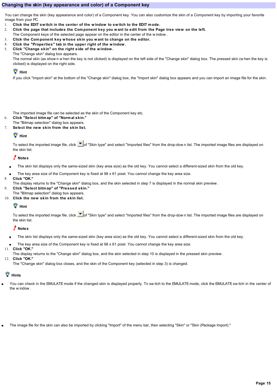 Changing the settings of a component key, Changing the skin (key appearance and color) | Sony RM-NX7000 User Manual | Page 15 / 117
